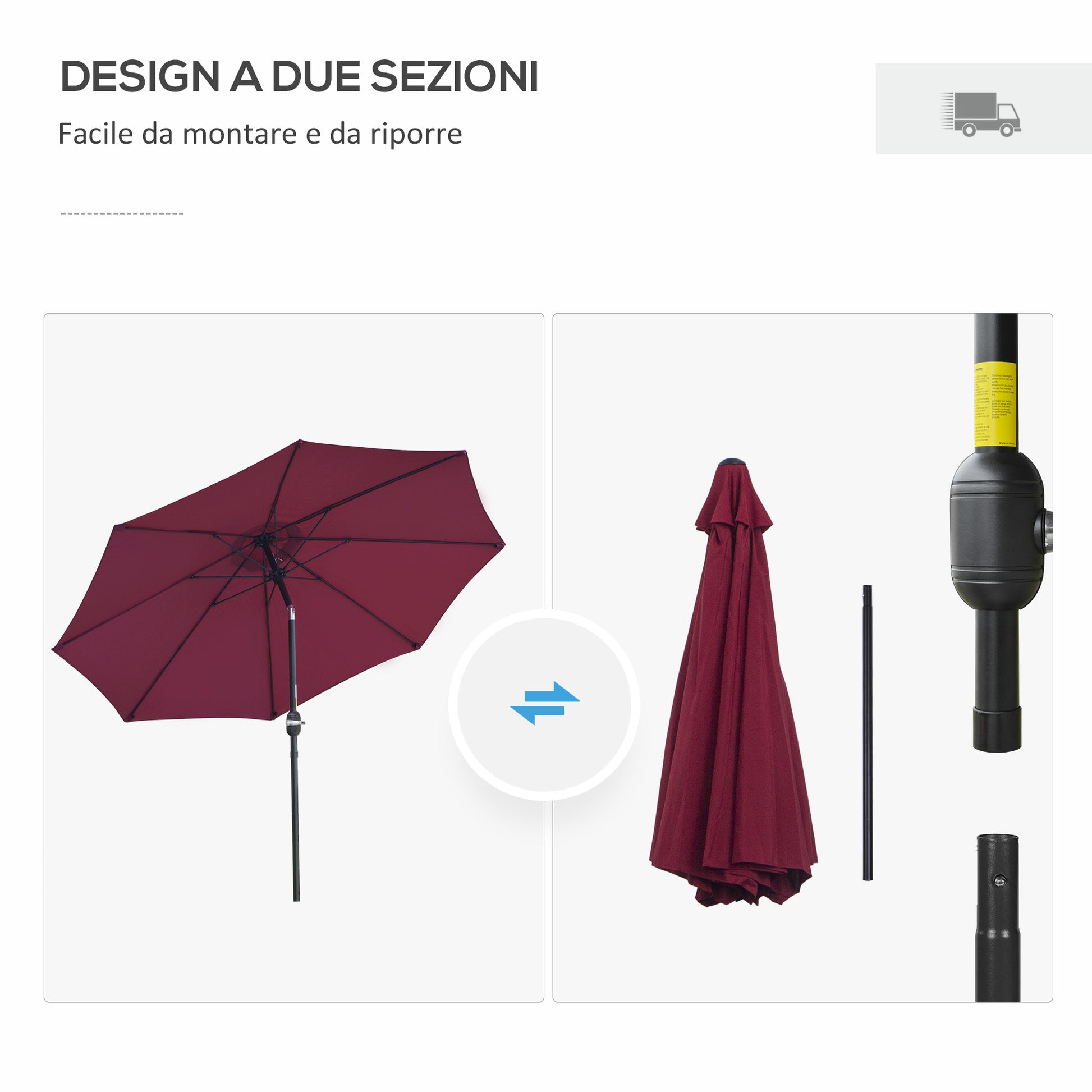 Garden Parasol 2.65x2.65m Tilted in 3 Angles with Crank, Outdoor Parasol with 8 Aluminum Ribs and 180g/㎡ Polyester Canopy, for Yard, Terrace, and Balcony, Red Wine