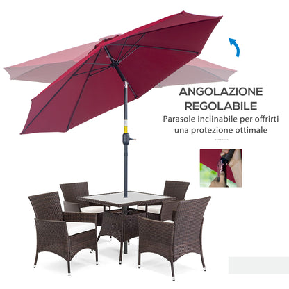 Garden Parasol 2.65x2.65m Tilted in 3 Angles with Crank, Outdoor Parasol with 8 Aluminum Ribs and 180g/㎡ Polyester Canopy, for Yard, Terrace, and Balcony, Red Wine
