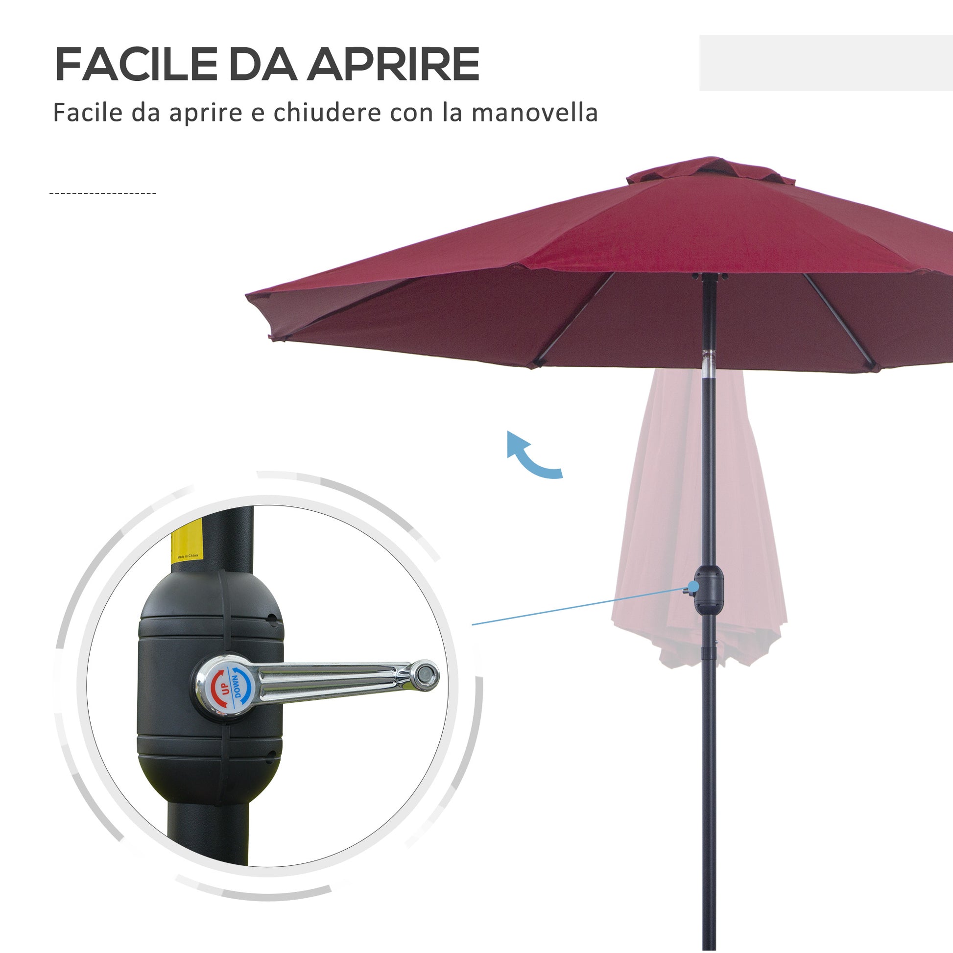 Garden Parasol 2.65x2.65m Tilted in 3 Angles with Crank, Outdoor Parasol with 8 Aluminum Ribs and 180g/㎡ Polyester Canopy, for Yard, Terrace, and Balcony, Red Wine