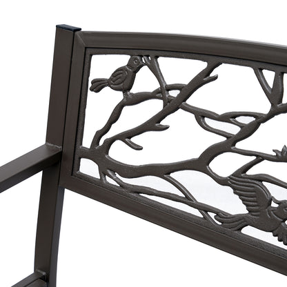 Steel Garden Bench Outdoor Bench with Armrests and Animal Image Backrest Load 240 kg for Patio Terrace 127x60x85 cm Brown