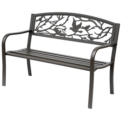 Steel Garden Bench Outdoor Bench with Armrests and Animal Image Backrest Load 240 kg for Patio Terrace 127x60x85 cm Brown