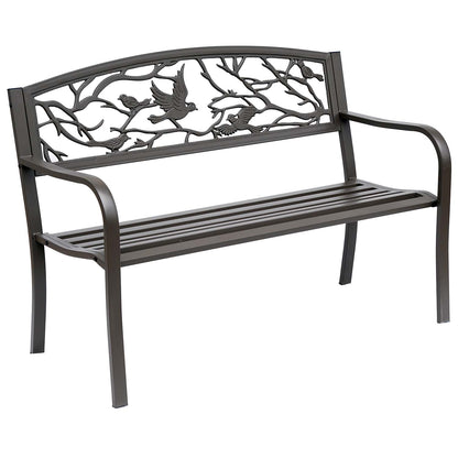 Steel Garden Bench Outdoor Bench with Armrests and Animal Image Backrest Load 240 kg for Patio Terrace 127x60x85 cm Brown