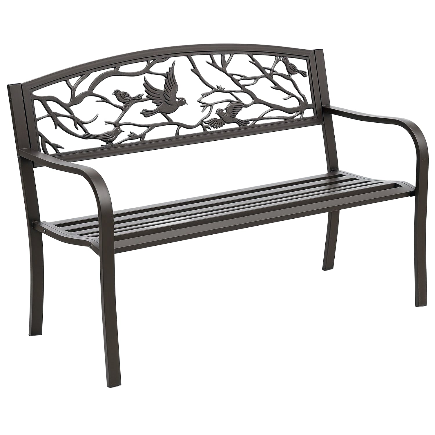 Steel Garden Bench Outdoor Bench with Armrests and Animal Image Backrest Load 240 kg for Patio Terrace 127x60x85 cm Brown