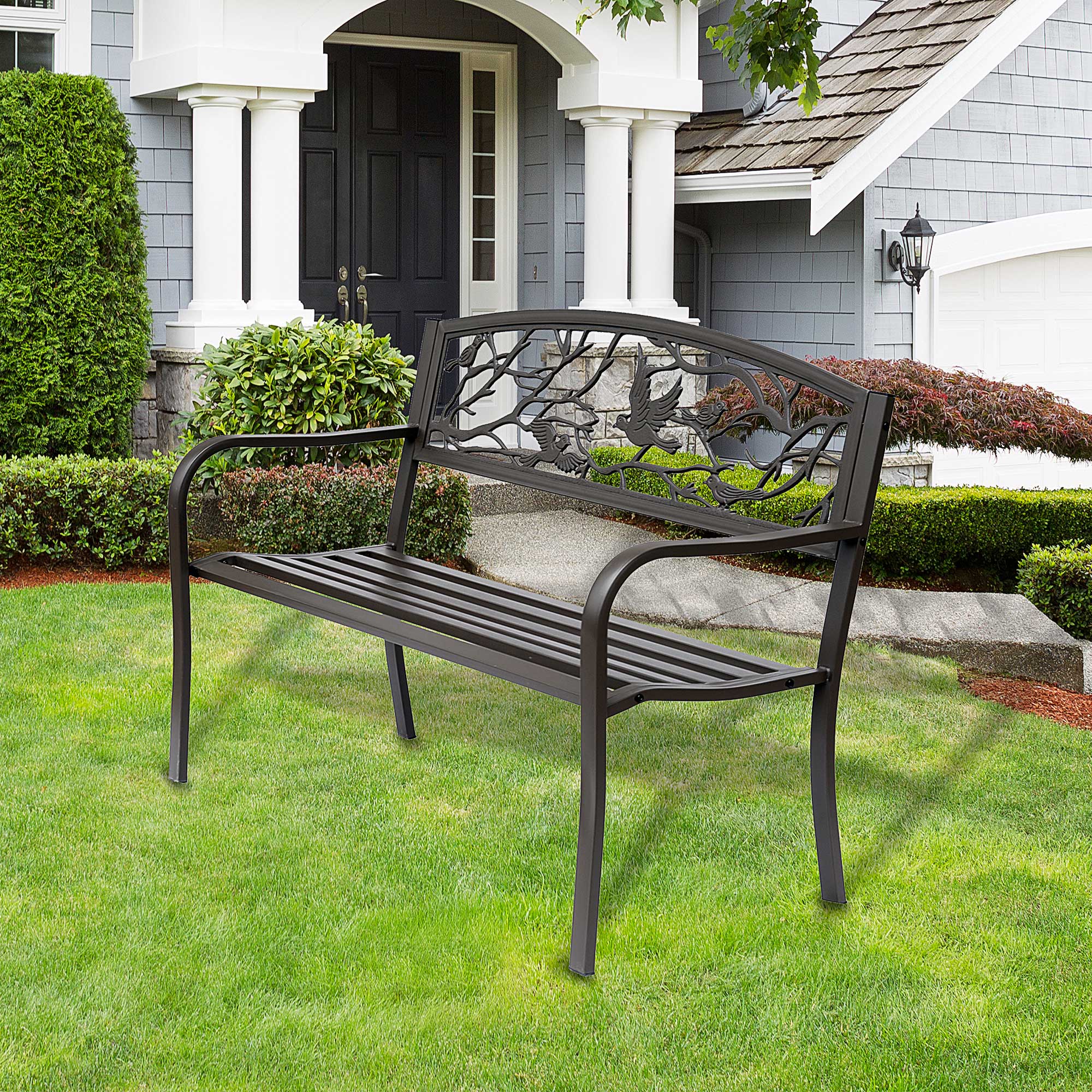 Steel Garden Bench Outdoor Bench with Armrests and Animal Image Backrest Load 240 kg for Patio Terrace 127x60x85 cm Brown