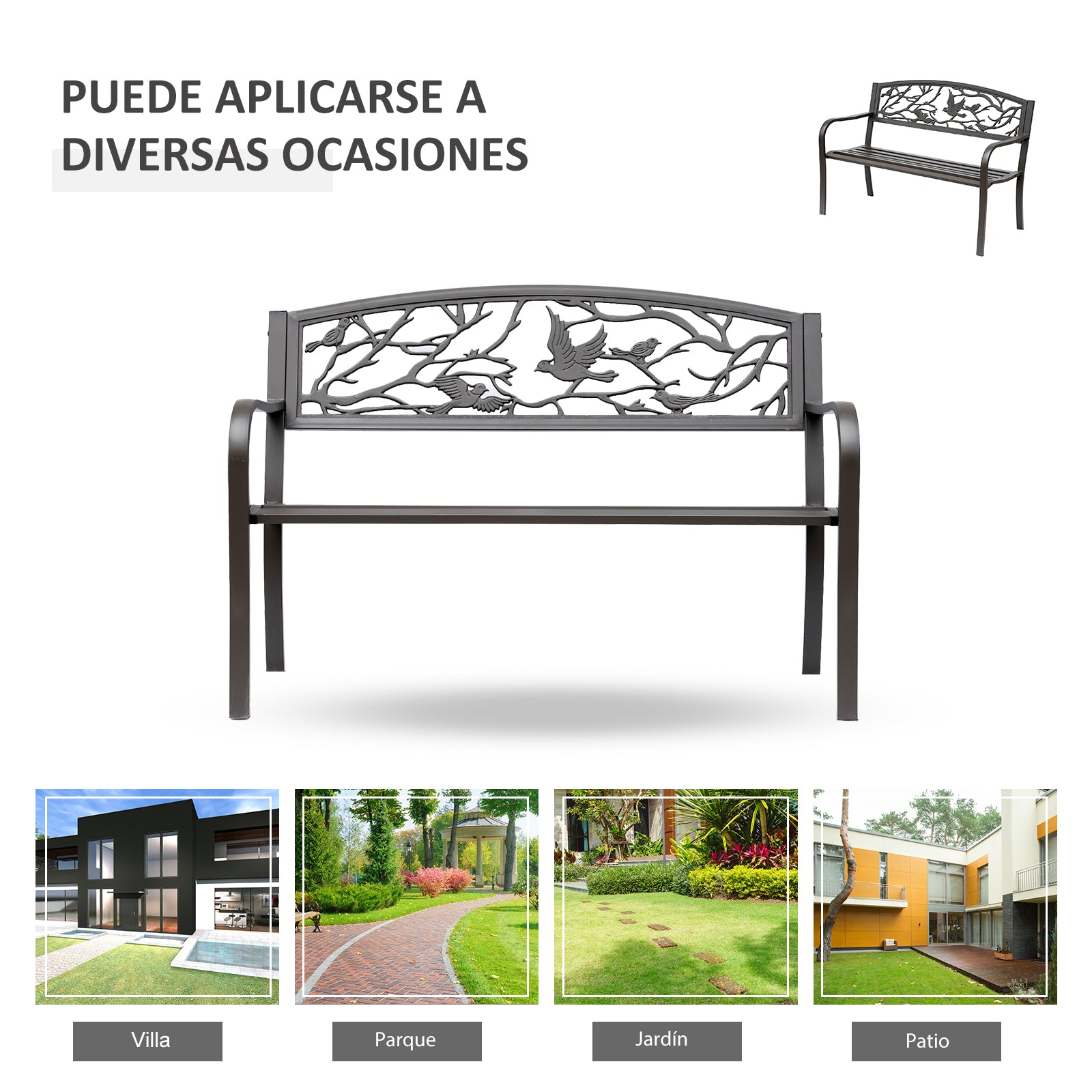 Steel Garden Bench Outdoor Bench with Armrests and Animal Image Backrest Load 240 kg for Patio Terrace 127x60x85 cm Brown