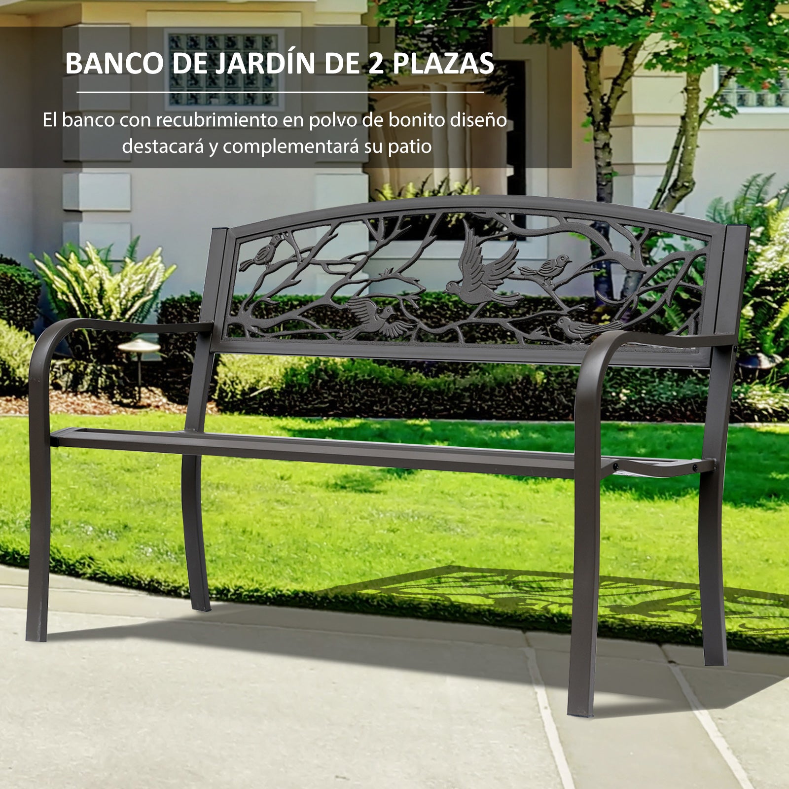 Steel Garden Bench Outdoor Bench with Armrests and Animal Image Backrest Load 240 kg for Patio Terrace 127x60x85 cm Brown