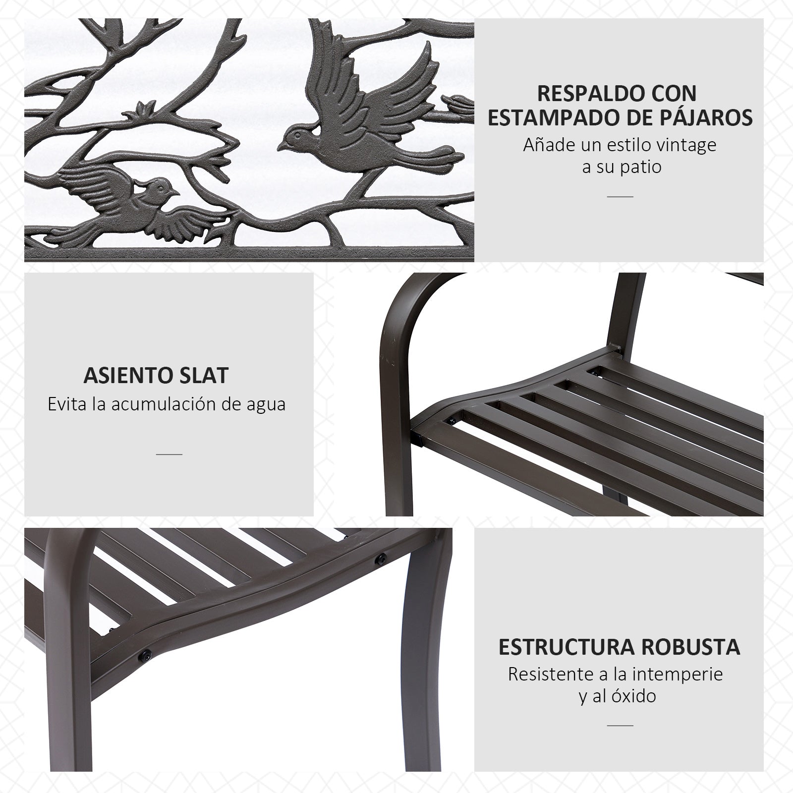 Steel Garden Bench Outdoor Bench with Armrests and Animal Image Backrest Load 240 kg for Patio Terrace 127x60x85 cm Brown