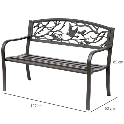 Steel Garden Bench Outdoor Bench with Armrests and Animal Image Backrest Load 240 kg for Patio Terrace 127x60x85 cm Brown
