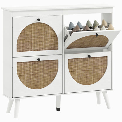 Shoe Cabinet Shoe Rack 4 Folding Doors 20 Pairs with Adjustable Shelf Bohemian Style Solid Wood Legs 105 x 24 x 97.5 cm White