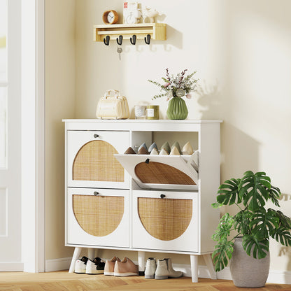 Shoe Cabinet Shoe Rack 4 Folding Doors 20 Pairs with Adjustable Shelf Bohemian Style Solid Wood Legs 105 x 24 x 97.5 cm White