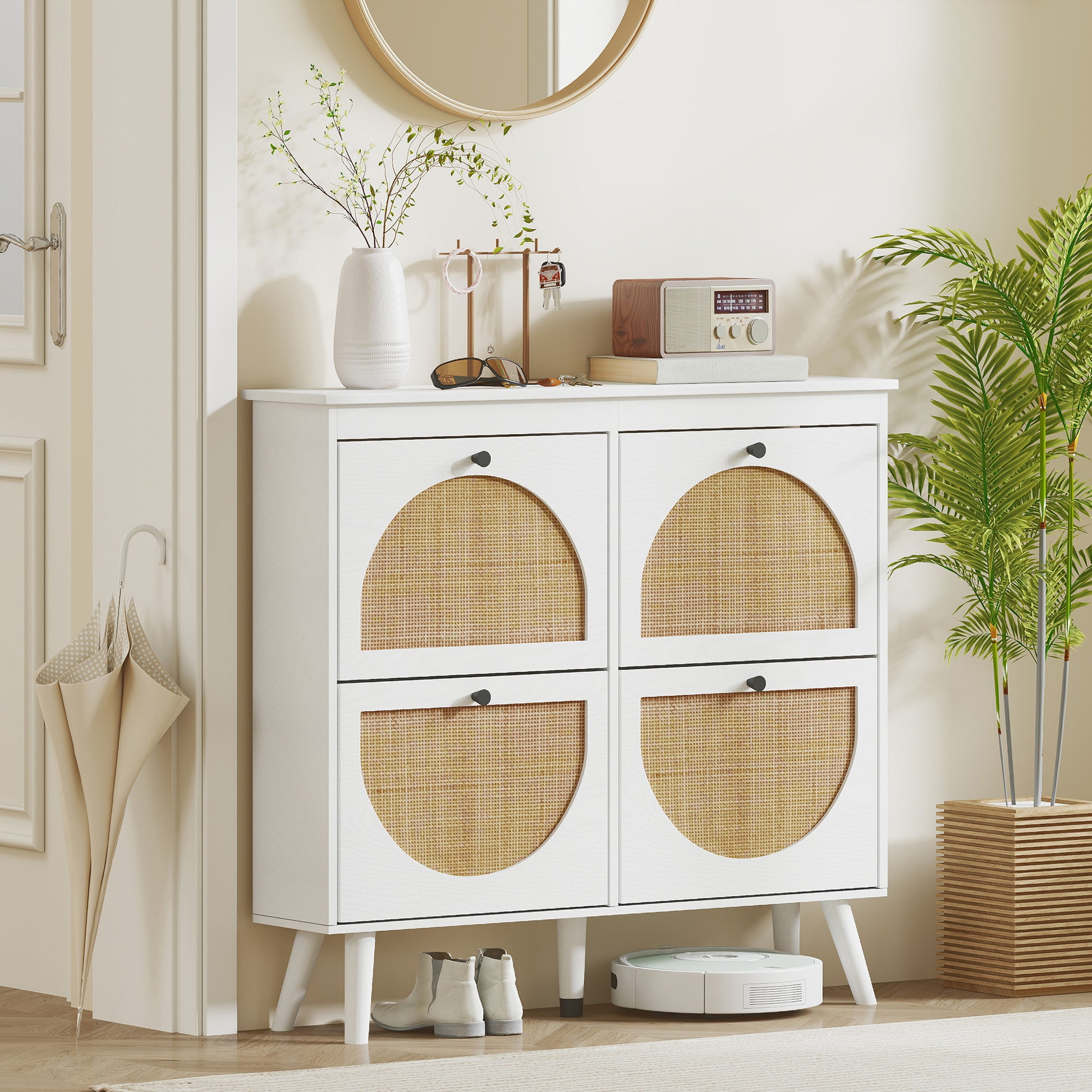 Shoe Cabinet Shoe Rack 4 Folding Doors 20 Pairs with Adjustable Shelf Bohemian Style Solid Wood Legs 105 x 24 x 97.5 cm White