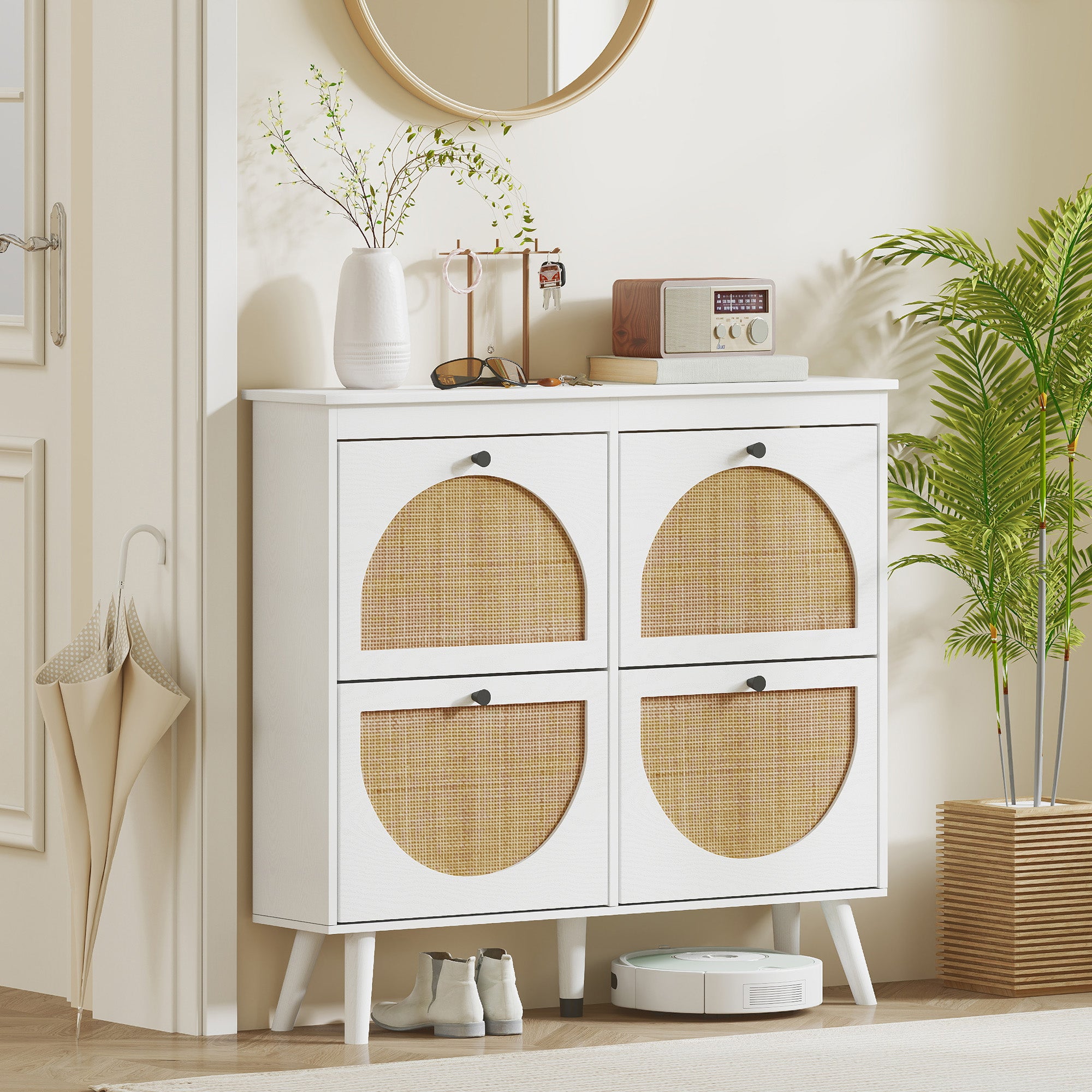 Shoe Cabinet Shoe Rack 4 Folding Doors 20 Pairs with Adjustable Shelf Bohemian Style Solid Wood Legs 105 x 24 x 97.5 cm White