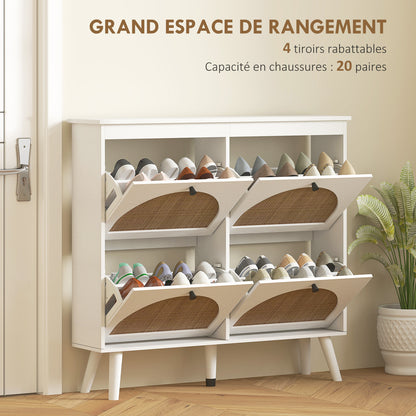 Shoe Cabinet Shoe Rack 4 Folding Doors 20 Pairs with Adjustable Shelf Bohemian Style Solid Wood Legs 105 x 24 x 97.5 cm White