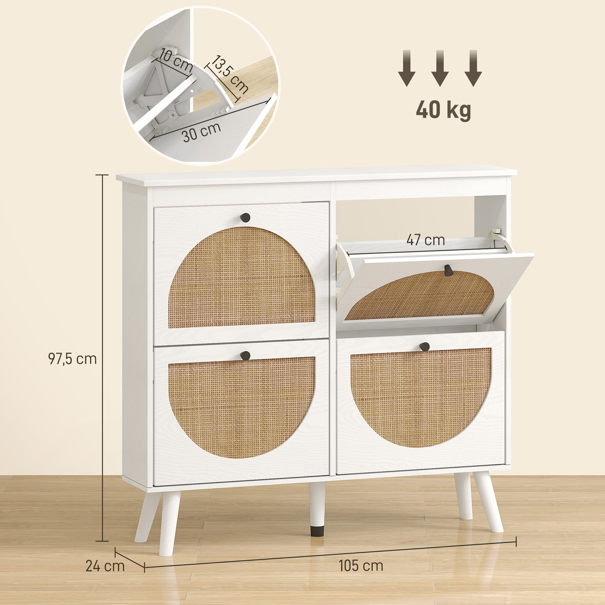 Shoe Cabinet Shoe Rack 4 Folding Doors 20 Pairs with Adjustable Shelf Bohemian Style Solid Wood Legs 105 x 24 x 97.5 cm White