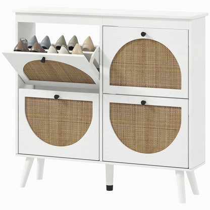 Shoe Cabinet Shoe Rack 4 Folding Doors 20 Pairs with Adjustable Shelf Bohemian Style Solid Wood Legs 105 x 24 x 97.5 cm White