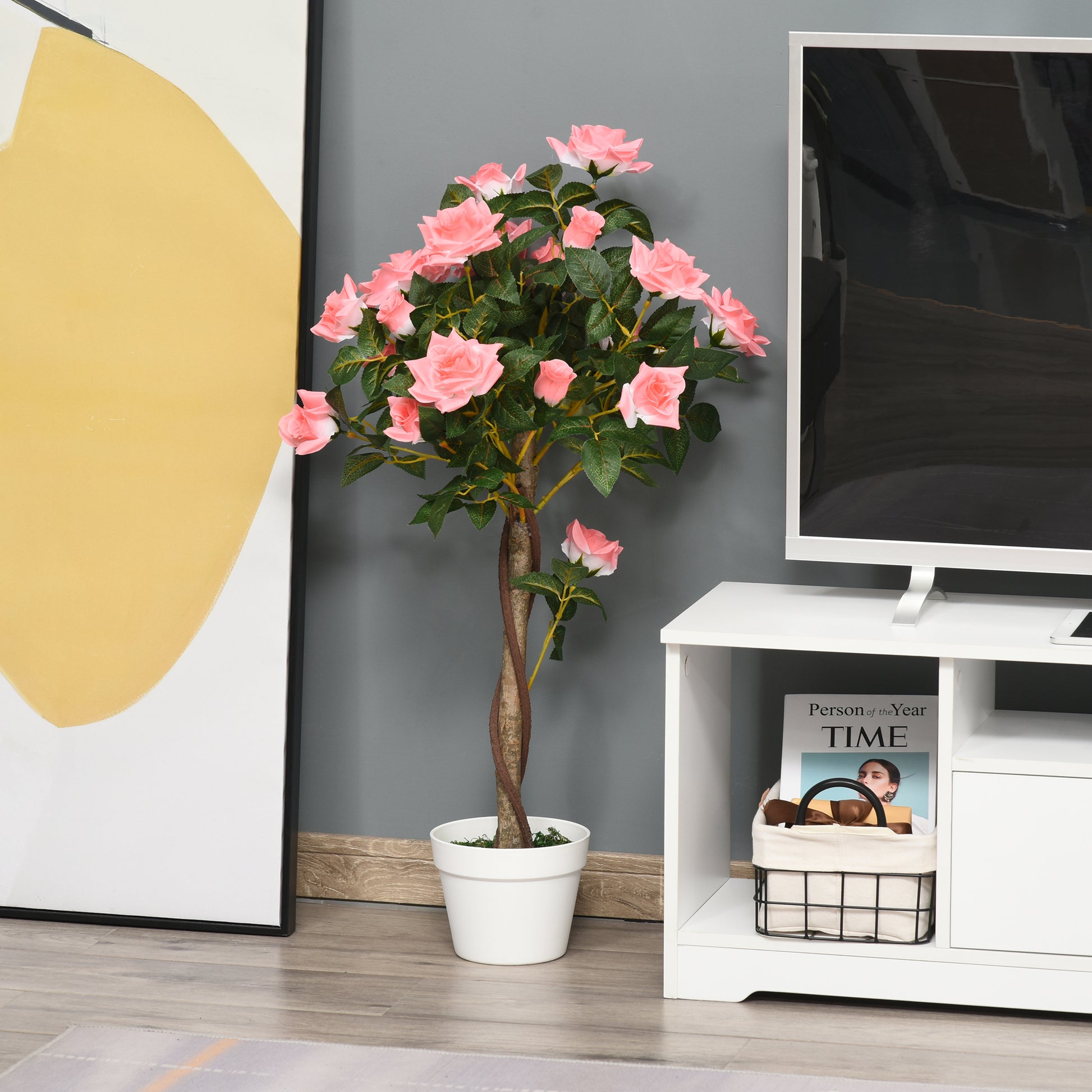 Large Artificial Rose Plants 90 cm Artificial Plant, Plastic Artificial Rose Tree in Pot, Lifelike Artificial Tree for Living Room Bedroom Office Modern Decoration Gift