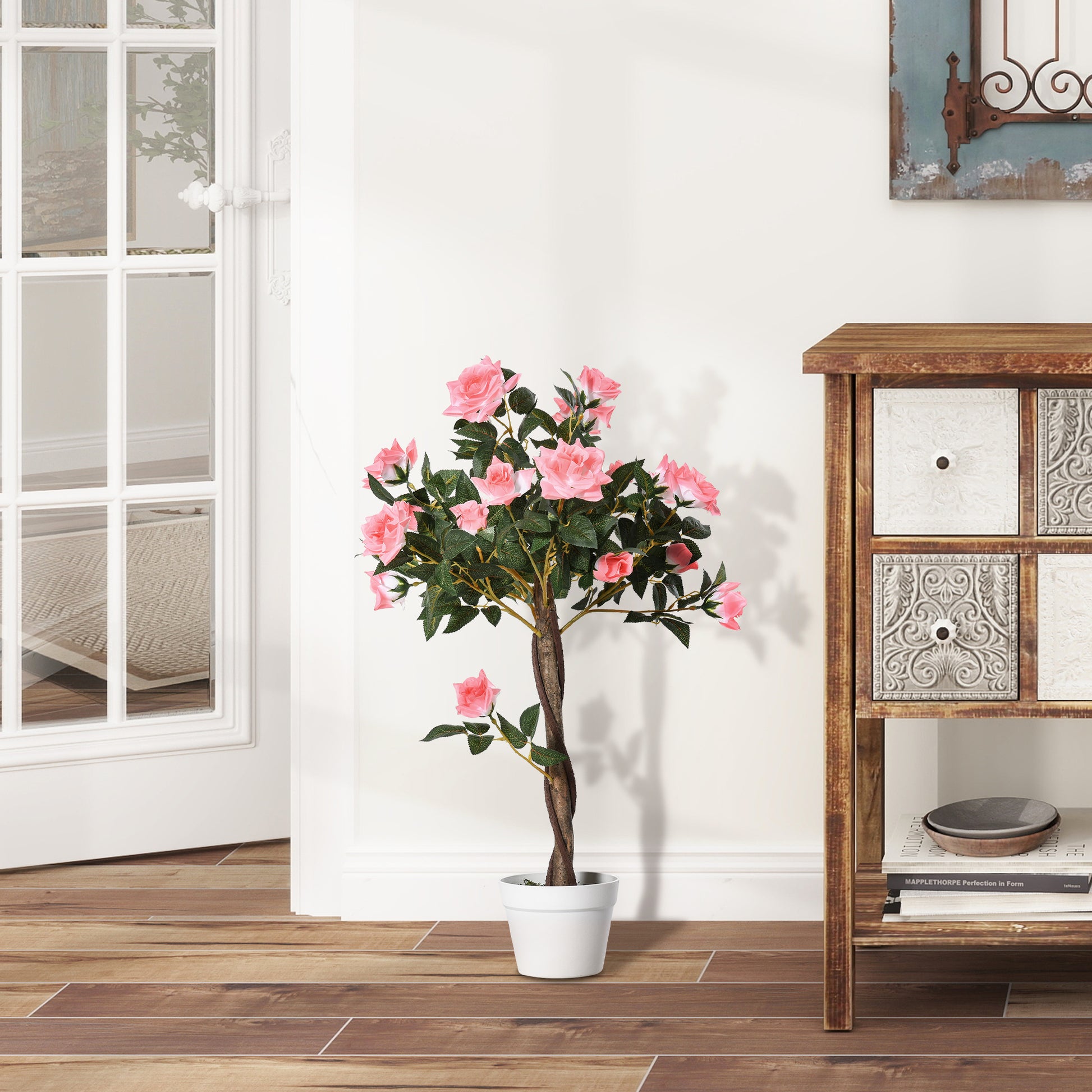 Large Artificial Rose Plants 90 cm Artificial Plant, Plastic Artificial Rose Tree in Pot, Lifelike Artificial Tree for Living Room Bedroom Office Modern Decoration Gift