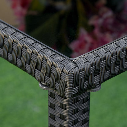 Set of 4 Garden Chairs and Table with Tempered Glass Shelf, Outdoor Furniture in PE Rattan and Metal, Black