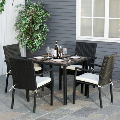 Set of 4 Garden Chairs and Table with Tempered Glass Shelf, Outdoor Furniture in PE Rattan and Metal, Black