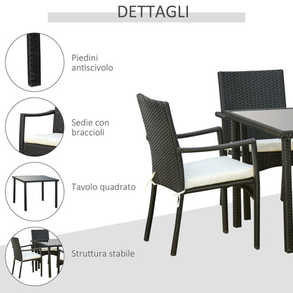 Set of 4 Garden Chairs and Table with Tempered Glass Shelf, Outdoor Furniture in PE Rattan and Metal, Black