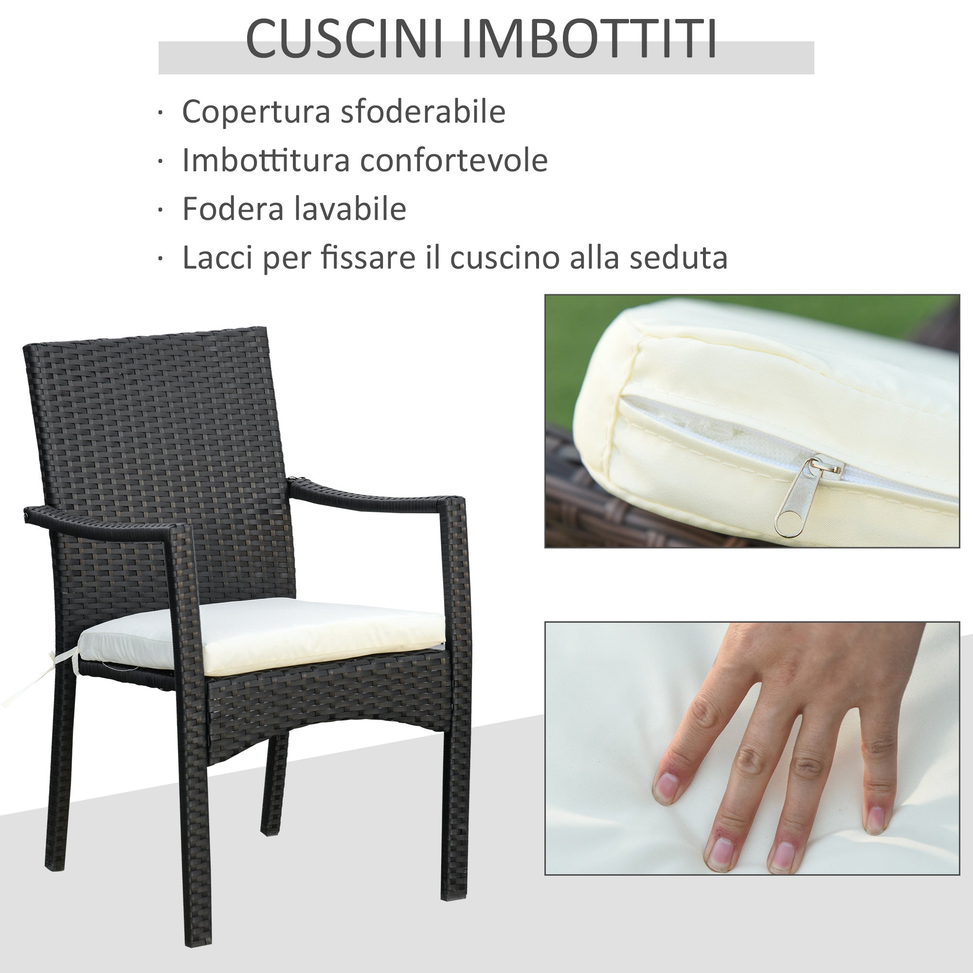 Set of 4 Garden Chairs and Table with Tempered Glass Shelf, Outdoor Furniture in PE Rattan and Metal, Black