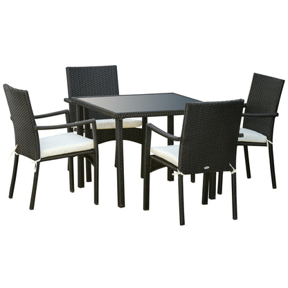 Set of 4 Garden Chairs and Table with Tempered Glass Shelf, Outdoor Furniture in PE Rattan and Metal, Black