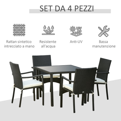 Set of 4 Garden Chairs and Table with Tempered Glass Shelf, Outdoor Furniture in PE Rattan and Metal, Black