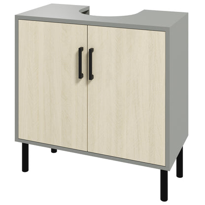 Under Sink Bathroom Cabinet with Double Door and Shelf in Particle Board, Bathroom Vanity Unit with or Without Column, 60x30x60cm, Gray and Oak Color
