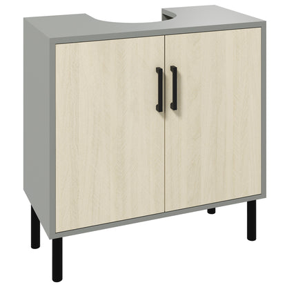 Under Sink Bathroom Cabinet with Double Door and Shelf in Particle Board, Bathroom Vanity Unit with or Without Column, 60x30x60cm, Gray and Oak Color