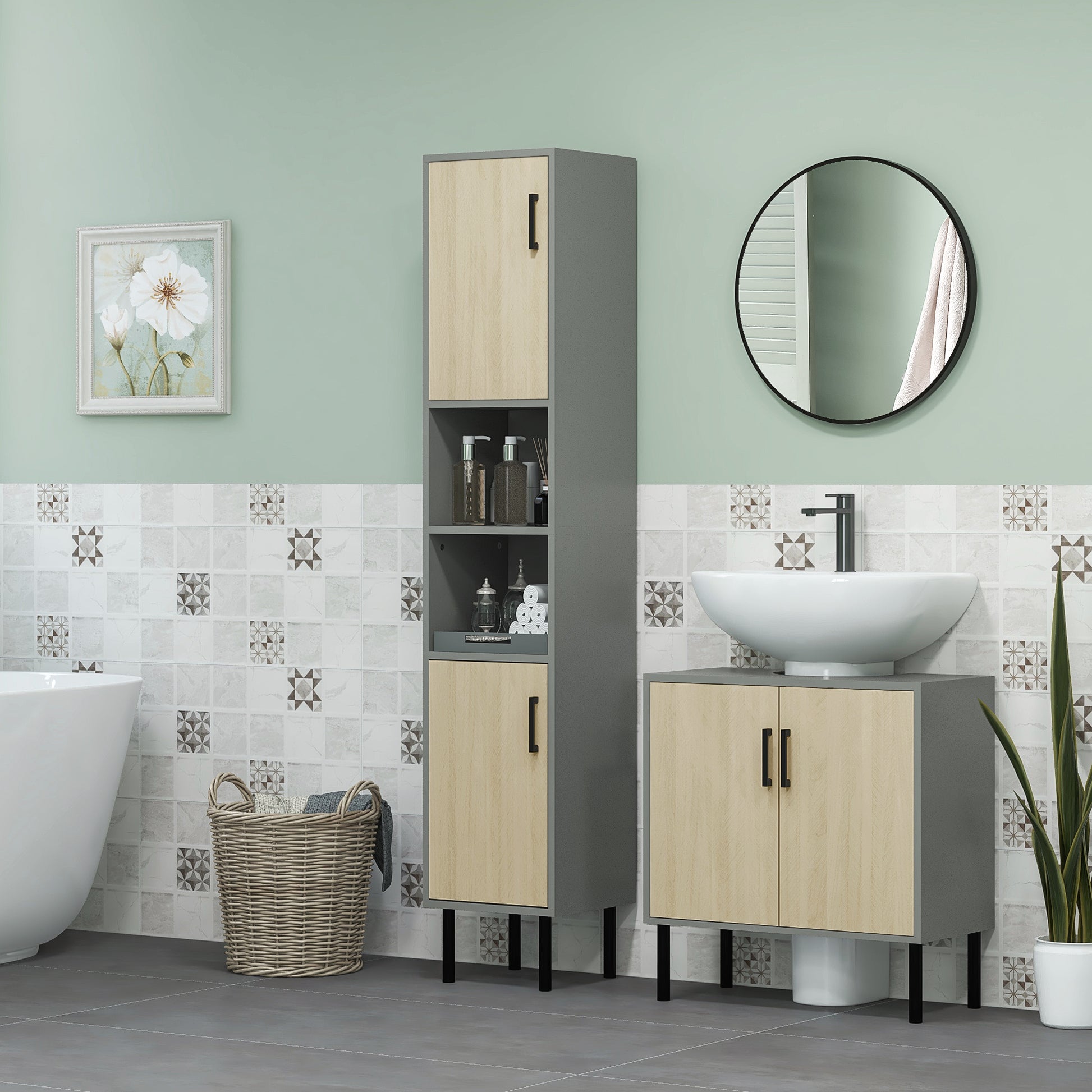Under Sink Bathroom Cabinet with Double Door and Shelf in Particle Board, Bathroom Vanity Unit with or Without Column, 60x30x60cm, Gray and Oak Color