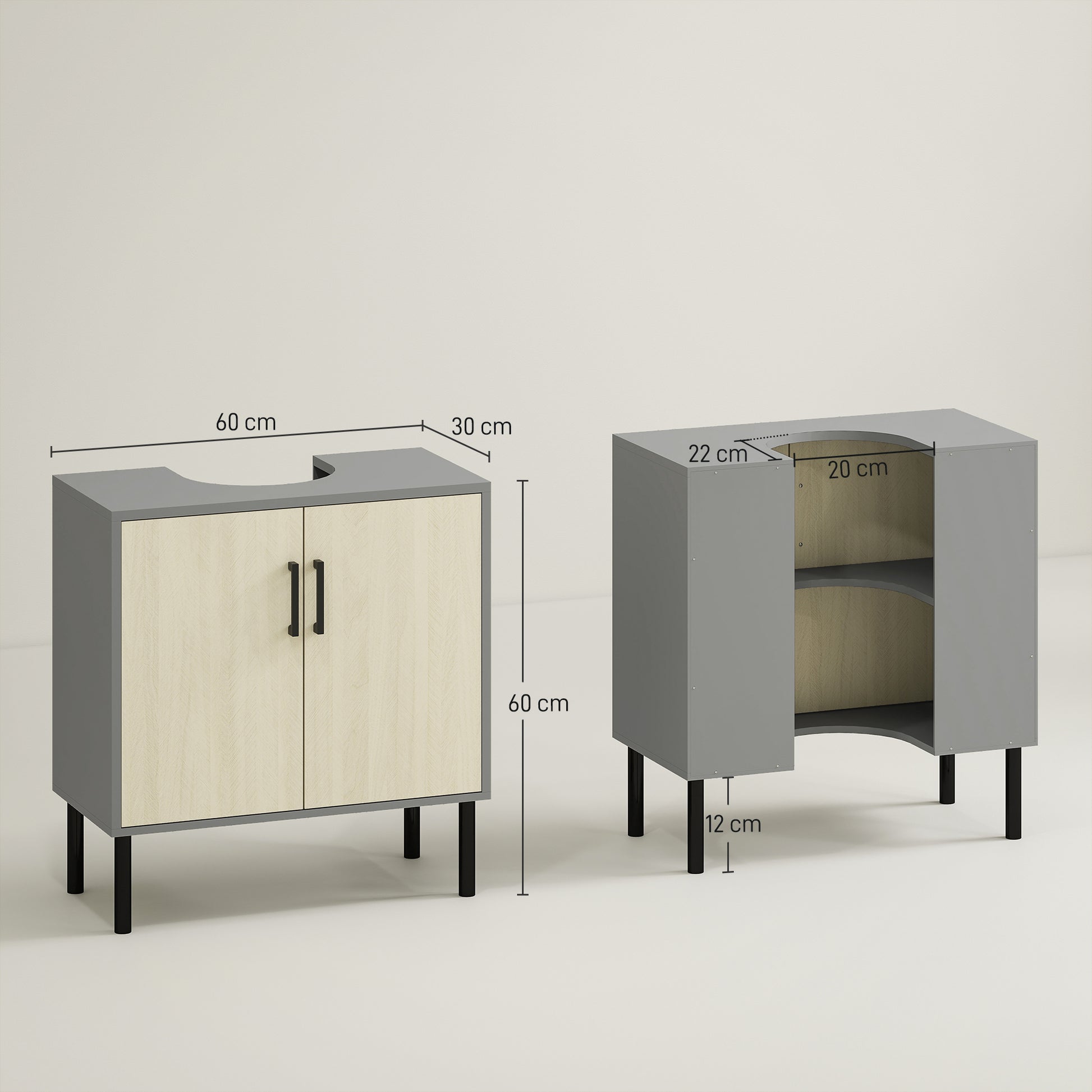 Under Sink Bathroom Cabinet with Double Door and Shelf in Particle Board, Bathroom Vanity Unit with or Without Column, 60x30x60cm, Gray and Oak Color