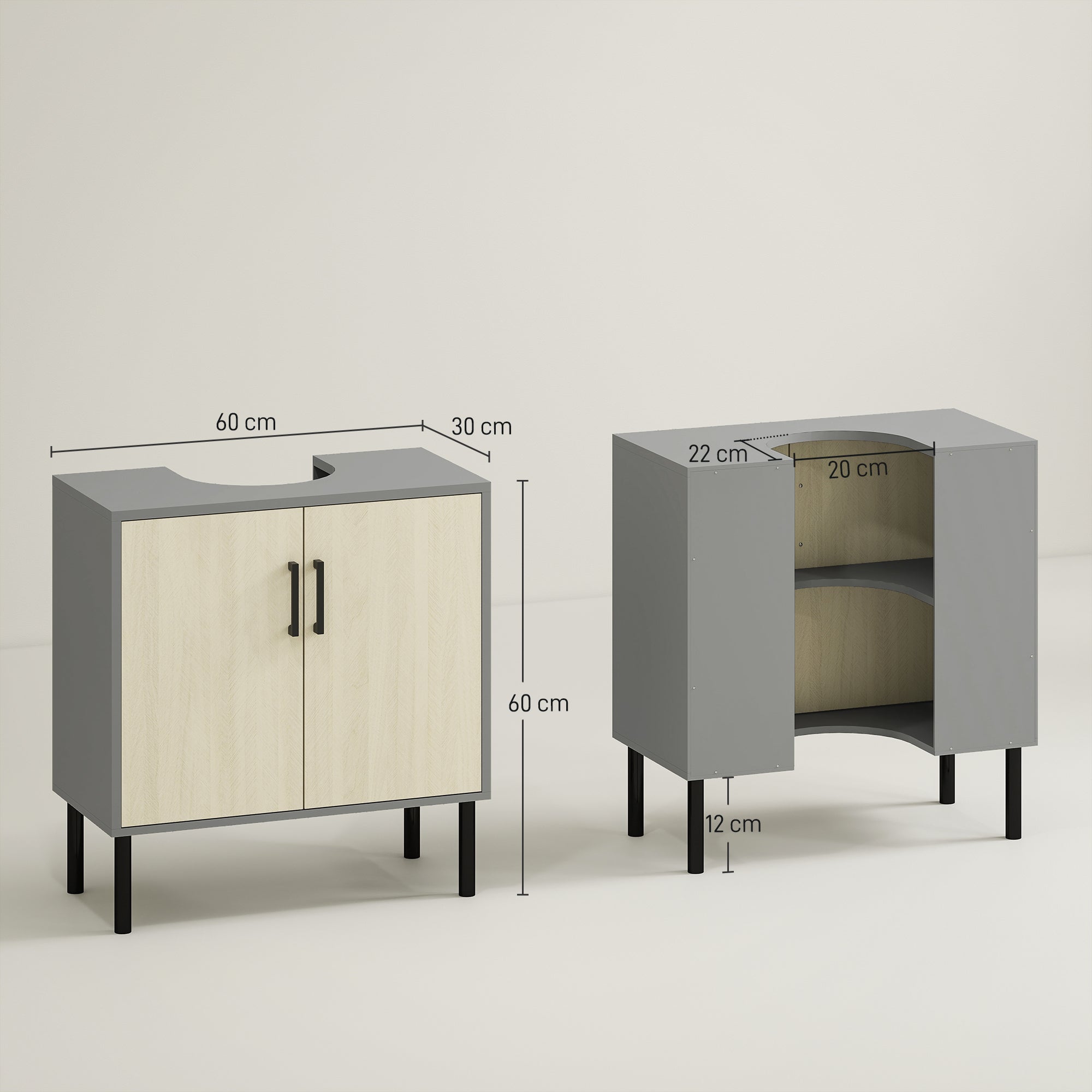 Under Sink Bathroom Cabinet with Double Door and Shelf in Particle Board, Bathroom Vanity Unit with or Without Column, 60x30x60cm, Gray and Oak Color