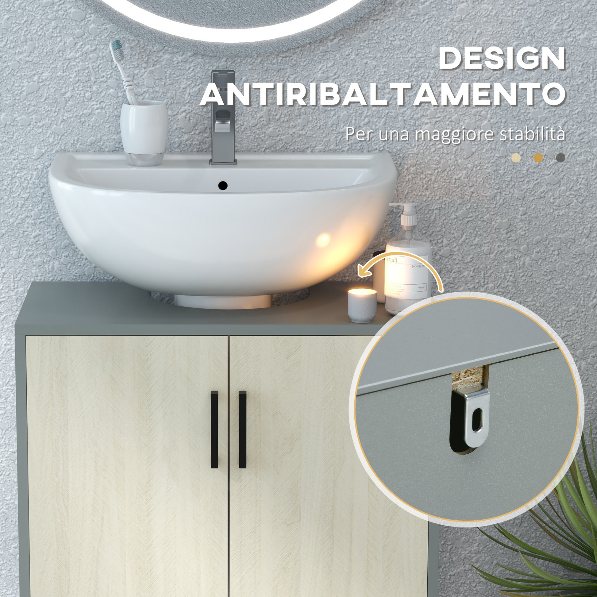 Under Sink Bathroom Cabinet with Double Door and Shelf in Particle Board, Bathroom Vanity Unit with or Without Column, 60x30x60cm, Gray and Oak Color