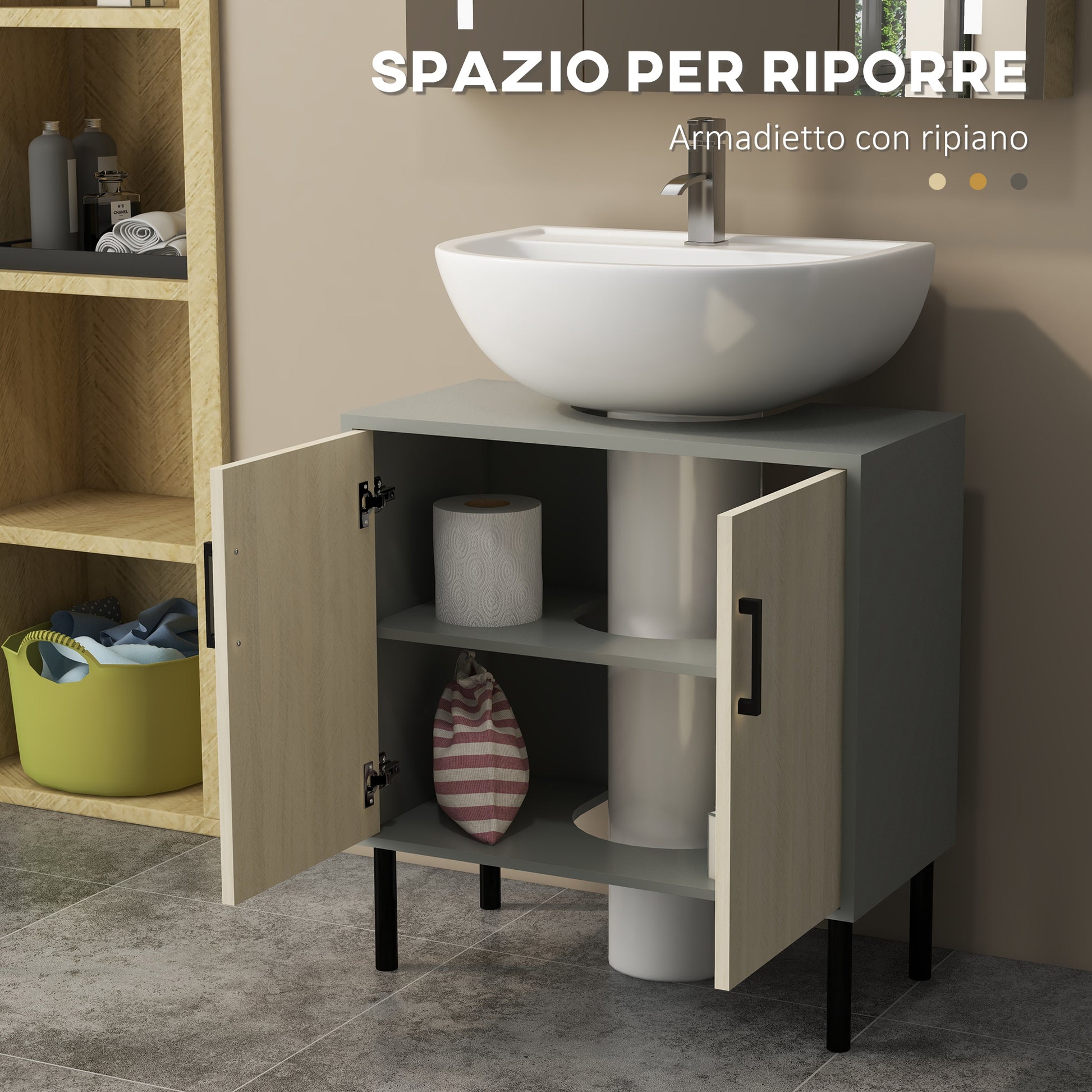 Under Sink Bathroom Cabinet with Double Door and Shelf in Particle Board, Bathroom Vanity Unit with or Without Column, 60x30x60cm, Gray and Oak Color