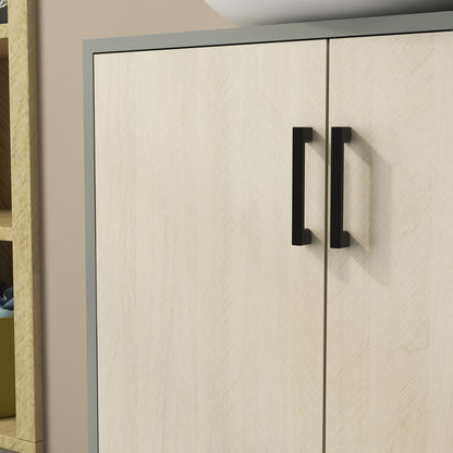 Under Sink Bathroom Cabinet with Double Door and Shelf in Particle Board, Bathroom Vanity Unit with or Without Column, 60x30x60cm, Gray and Oak Color