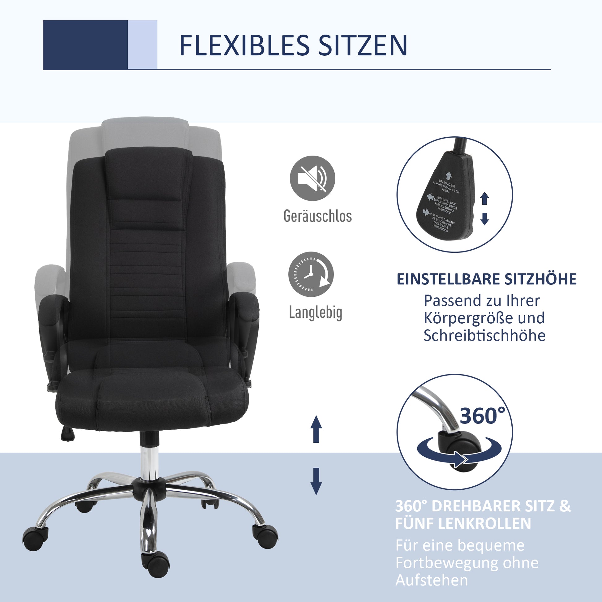 Office Chair Computer Chair with Rocking Function Headrest Ergonomic Desk Chair Rotatable Height Adjustable Linen-Touch Black 62 x 76 x 110-119 cm