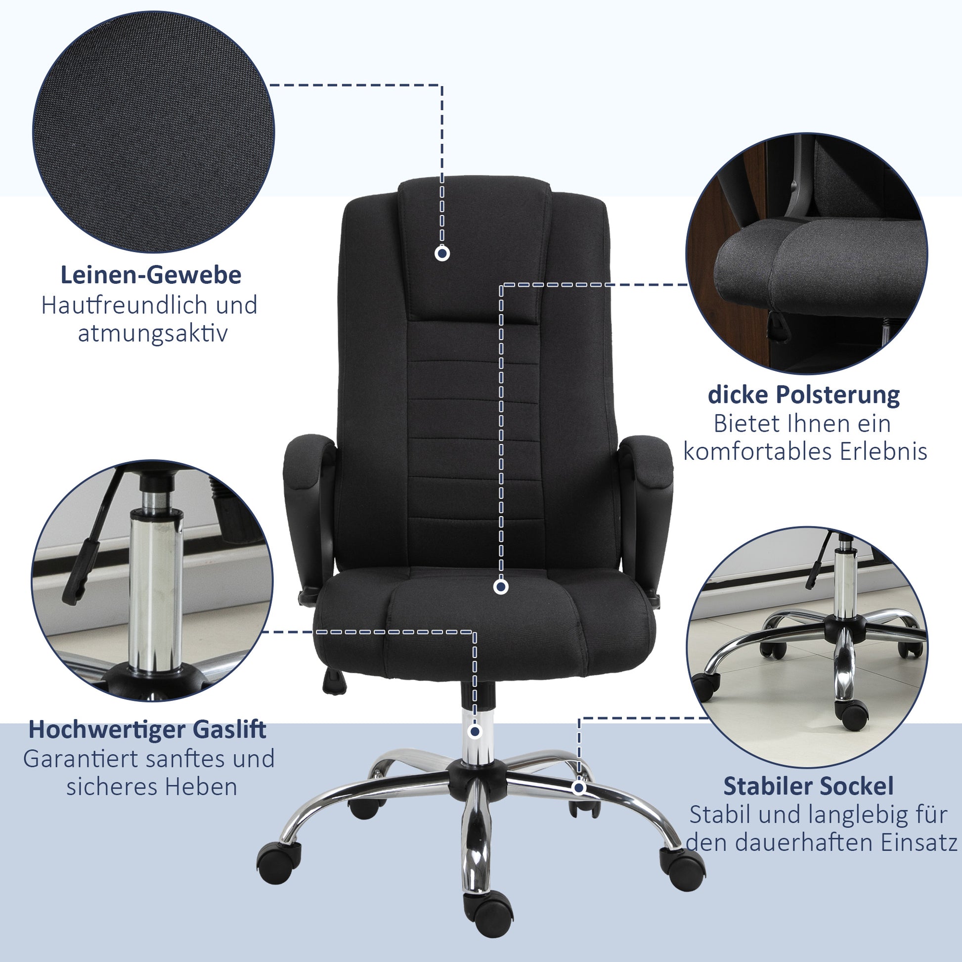 Office Chair Computer Chair with Rocking Function Headrest Ergonomic Desk Chair Rotatable Height Adjustable Linen-Touch Black 62 x 76 x 110-119 cm