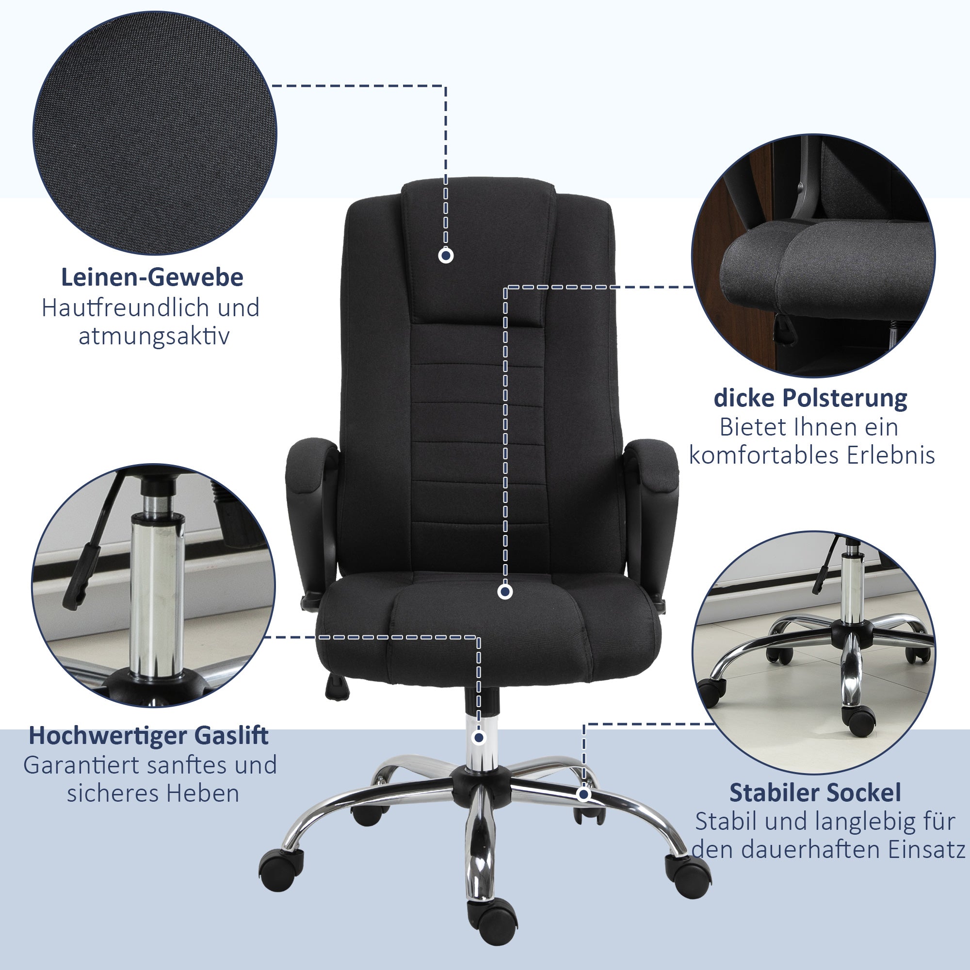 Office Chair Computer Chair with Rocking Function Headrest Ergonomic Desk Chair Rotatable Height Adjustable Linen-Touch Black 62 x 76 x 110-119 cm