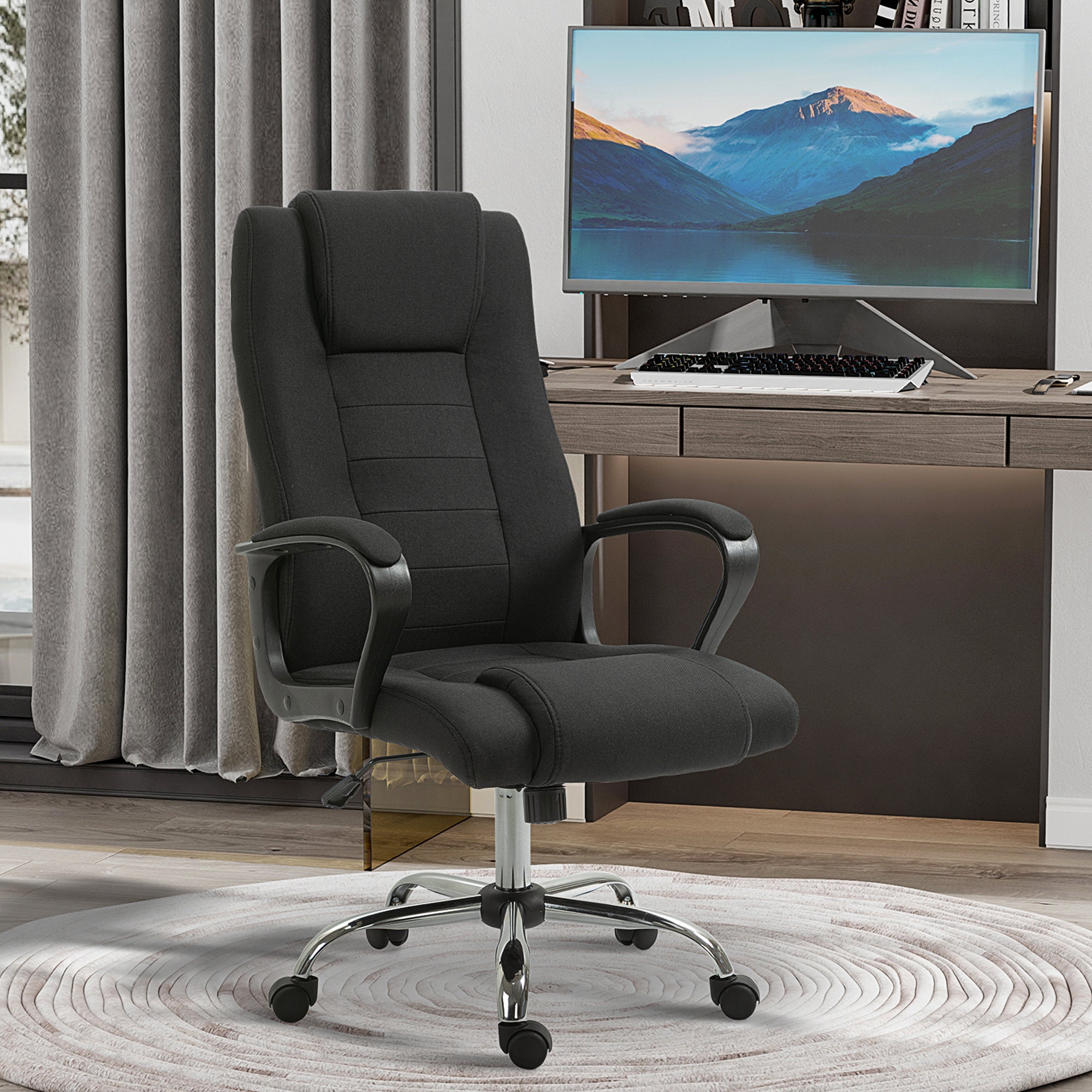 Office Chair Computer Chair with Rocking Function Headrest Ergonomic Desk Chair Rotatable Height Adjustable Linen-Touch Black 62 x 76 x 110-119 cm