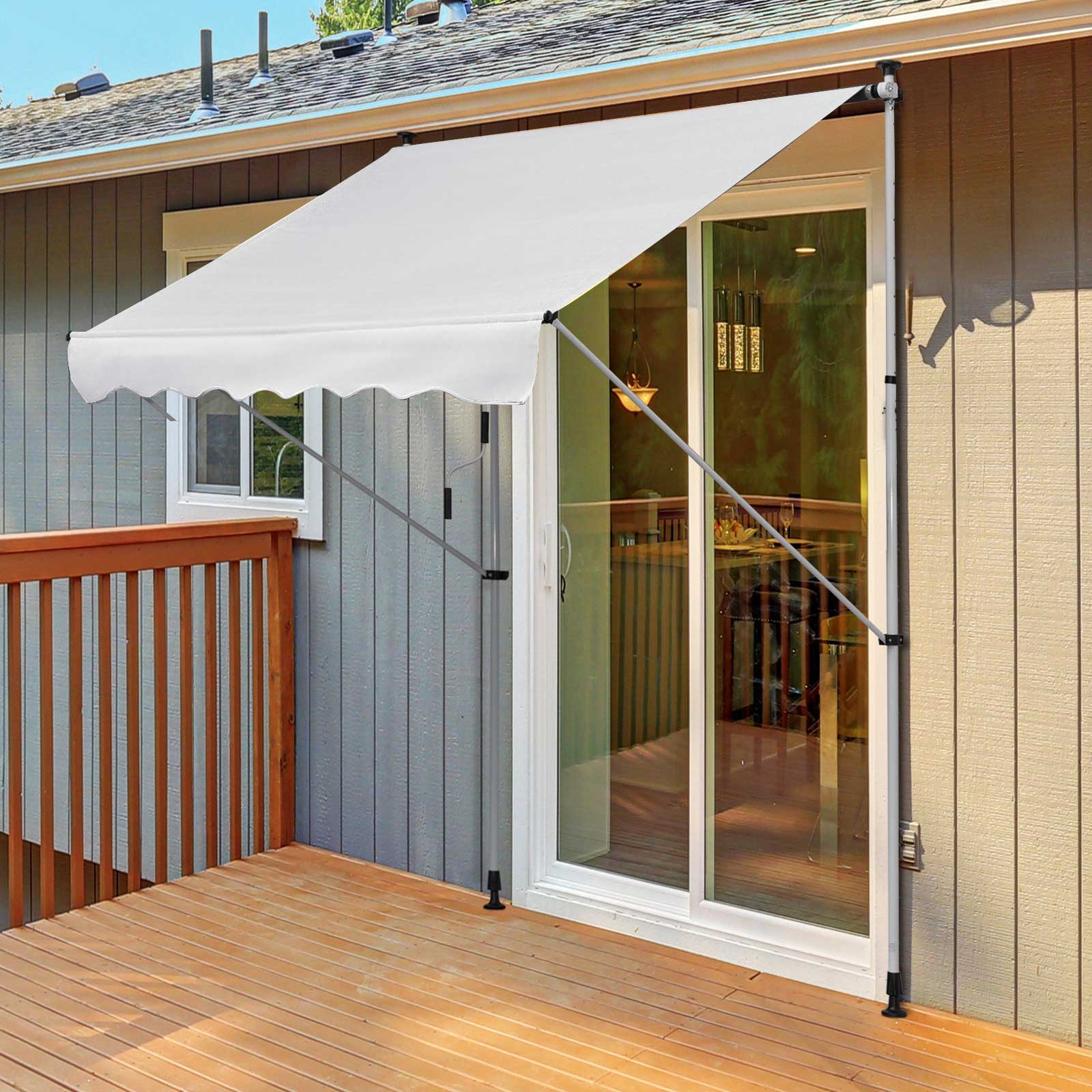 2x1.5m Manual Retractable Canopy Outdoor Patio Sun Shade Adjustable Height with Crank 170-280 cm Without Drilling for Balcony Garden White