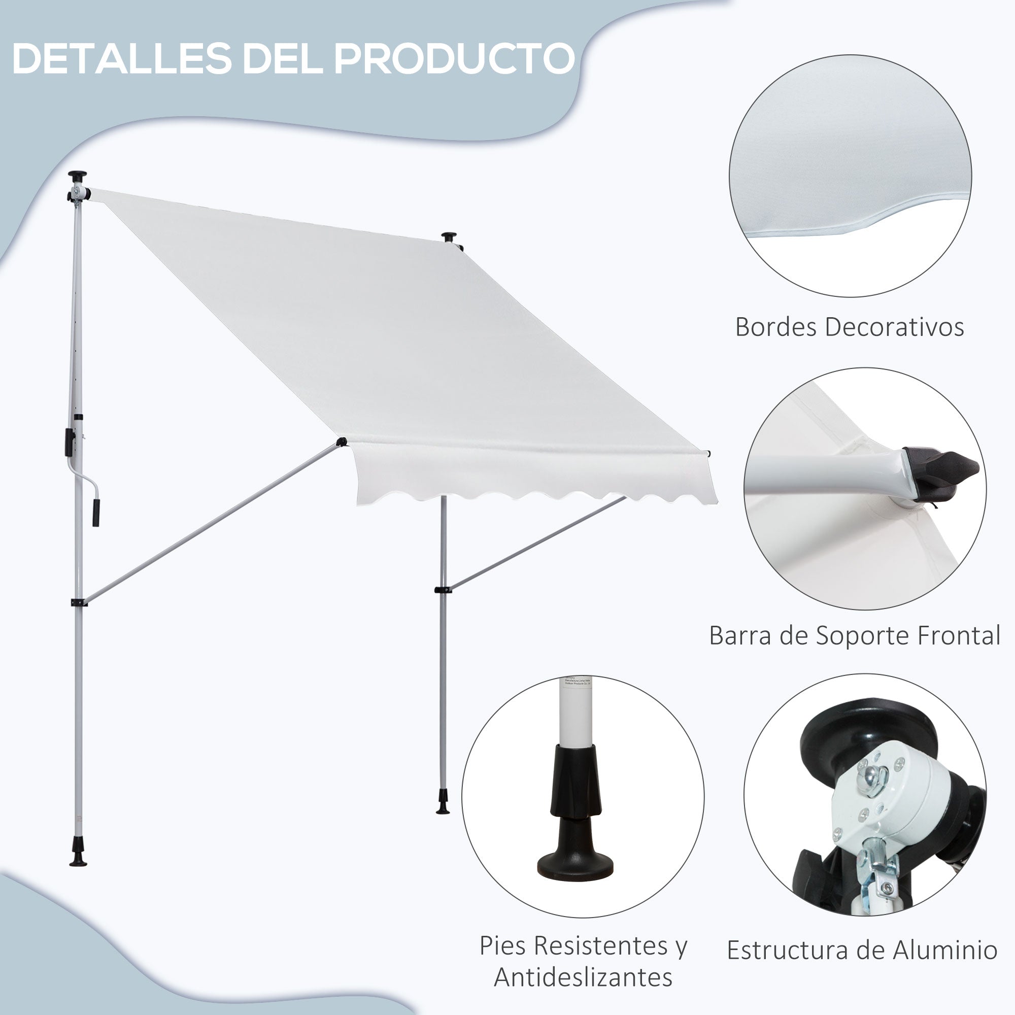 2x1.5m Manual Retractable Canopy Outdoor Patio Sun Shade Adjustable Height with Crank 170-280 cm Without Drilling for Balcony Garden White