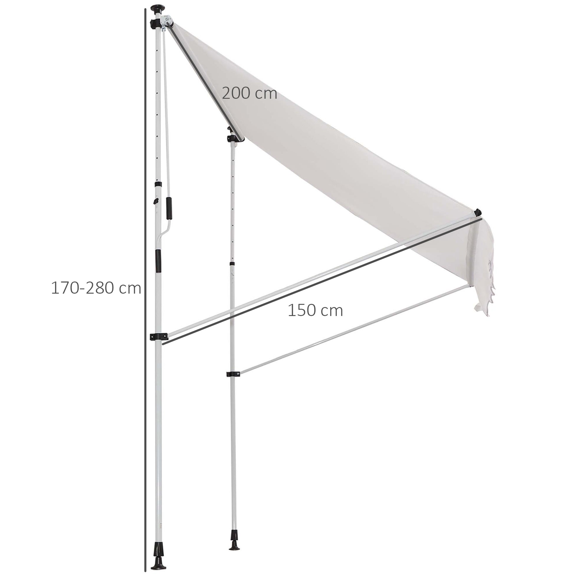 2x1.5m Manual Retractable Canopy Outdoor Patio Sun Shade Adjustable Height with Crank 170-280 cm Without Drilling for Balcony Garden White