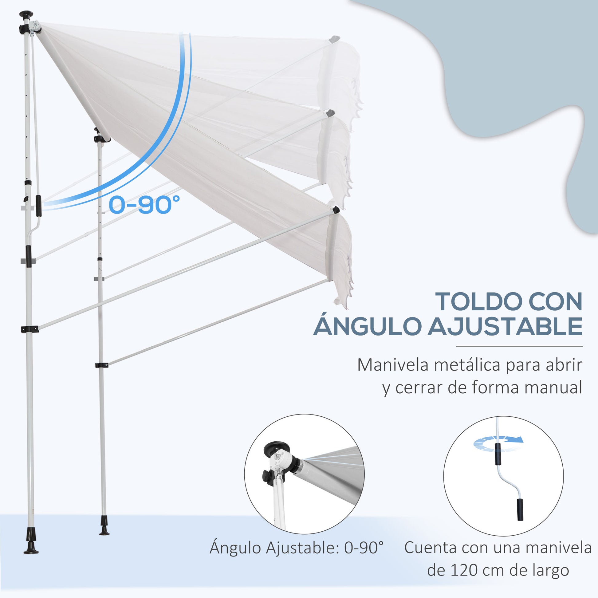 2x1.5m Manual Retractable Canopy Outdoor Patio Sun Shade Adjustable Height with Crank 170-280 cm Without Drilling for Balcony Garden White