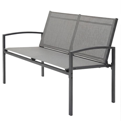 2-Seater Weather-Resistant Metal Outdoor Bench with Breathable Mesh Seat and Curved Armrests — Ergonomic, Up to 485 lb (112 x 66 x 80 cm), Gray