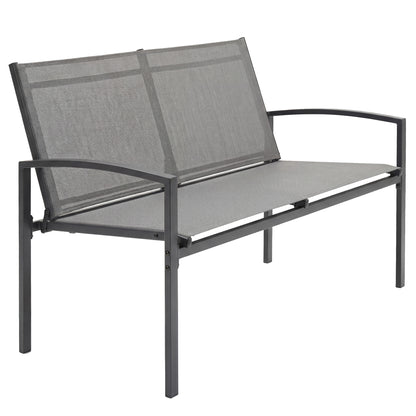 2-Seater Weather-Resistant Metal Outdoor Bench with Breathable Mesh Seat and Curved Armrests — Ergonomic, Up to 485 lb (112 x 66 x 80 cm), Gray