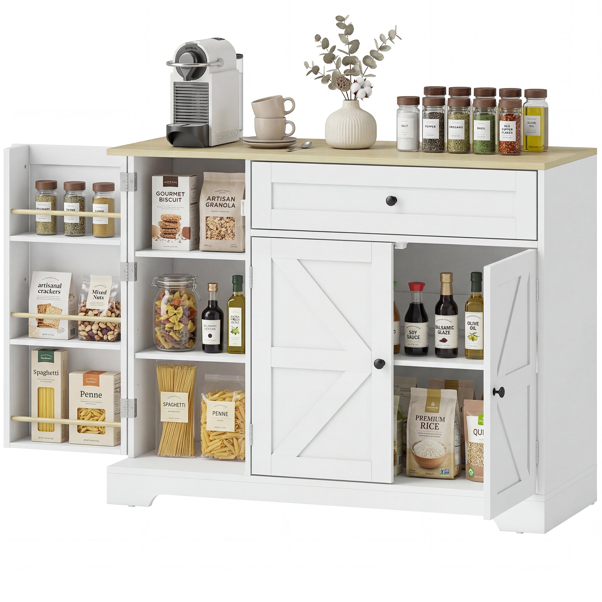 Sideboard Kitchen Cabinet with Drawer, 3 Doors & Adjustable Shelves, Farmhouse Style, 100 x 40 x 81 cm (39.4 x 15.7 x 31.9 in), White