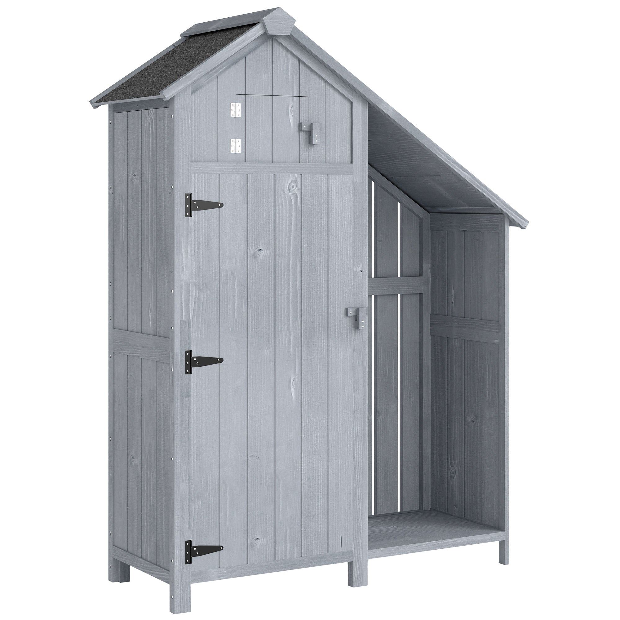 Weather-Resistant Spruce Wood Garden Storage Cabinet with Asphalt Roof and Shelves, Gray — 129 x 51.5 x 180 cm (50.8 x 20.3 x 70.9 in)