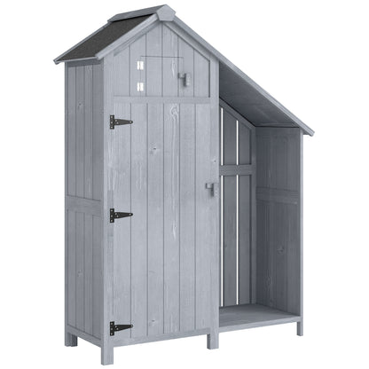 Weather-Resistant Spruce Wood Garden Storage Cabinet with Asphalt Roof and Shelves, Gray — 129 x 51.5 x 180 cm (50.8 x 20.3 x 70.9 in)