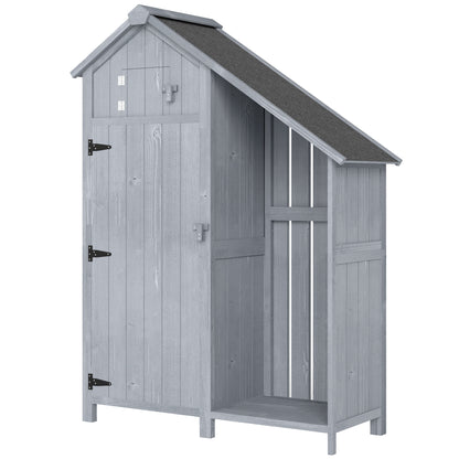 Weather-Resistant Spruce Wood Garden Storage Cabinet with Asphalt Roof and Shelves, Gray — 129 x 51.5 x 180 cm (50.8 x 20.3 x 70.9 in)