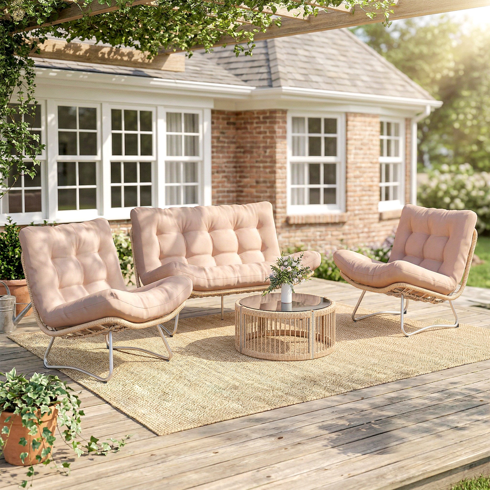 4-Piece Garden Furniture Set – PE Rattan Lounge with 2-Seater Sofa, 2 Chairs, Glass Table, Deep Seats & Thick Cushions, Modular Balcony/Patio Set for 4, Brown